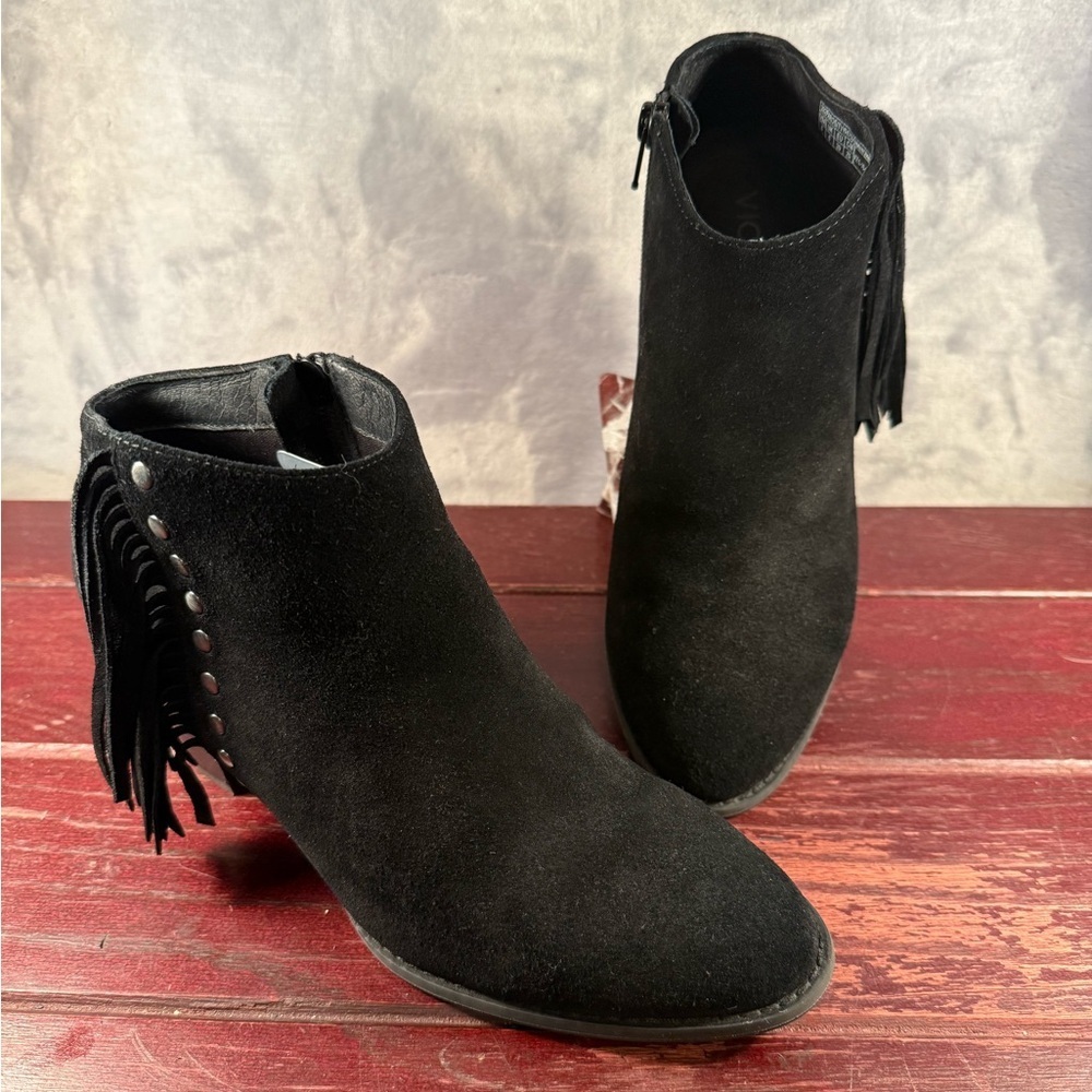 Vionic Faros Black Suede Ankle Boots with Fringe and Studded Size 8